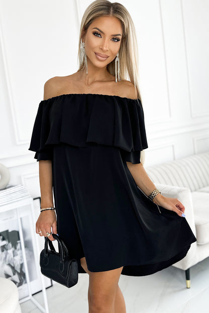 Black Off The Shoulder Ruffle Casual Shift Dress