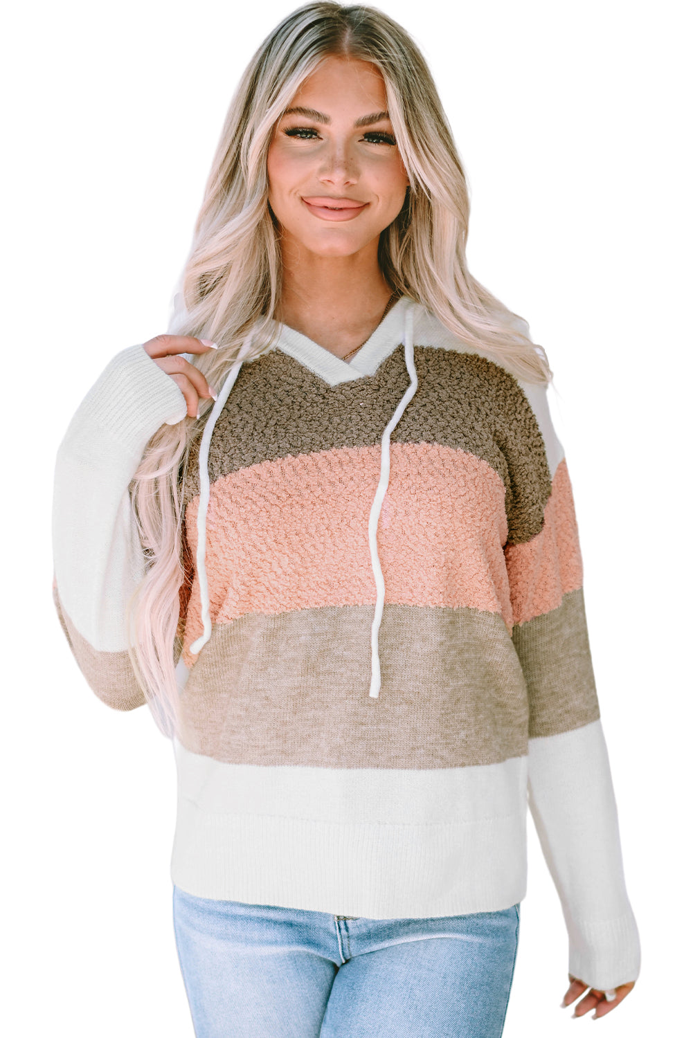 Pink Color Block Knitted Drawstring Hooded Sweater