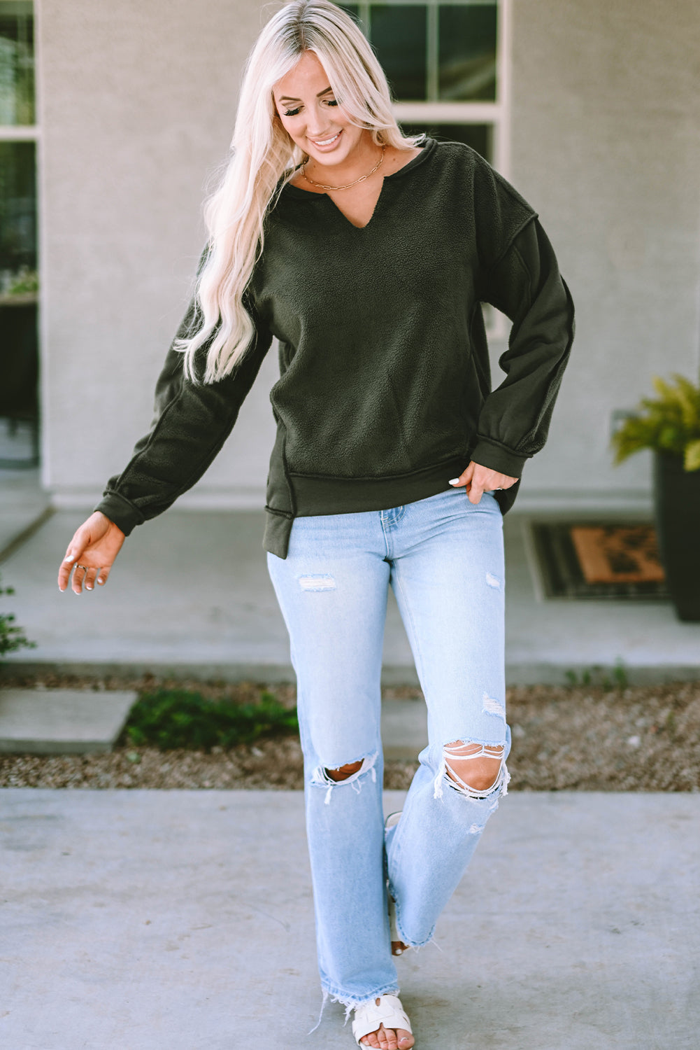 Green Expose Seam Detail Split Neck Long Sleeve Top