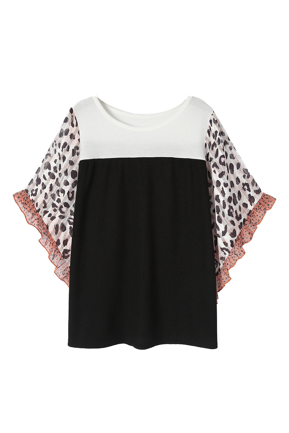 Blusa de punto gofre color caqui con estampado animal y mangas con volantes en talla grande