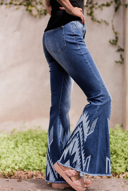 Western Pattern High Rise Flare Jeans