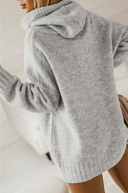 Gray Cowl Neck Drawstring Pullover Hooded Sweater