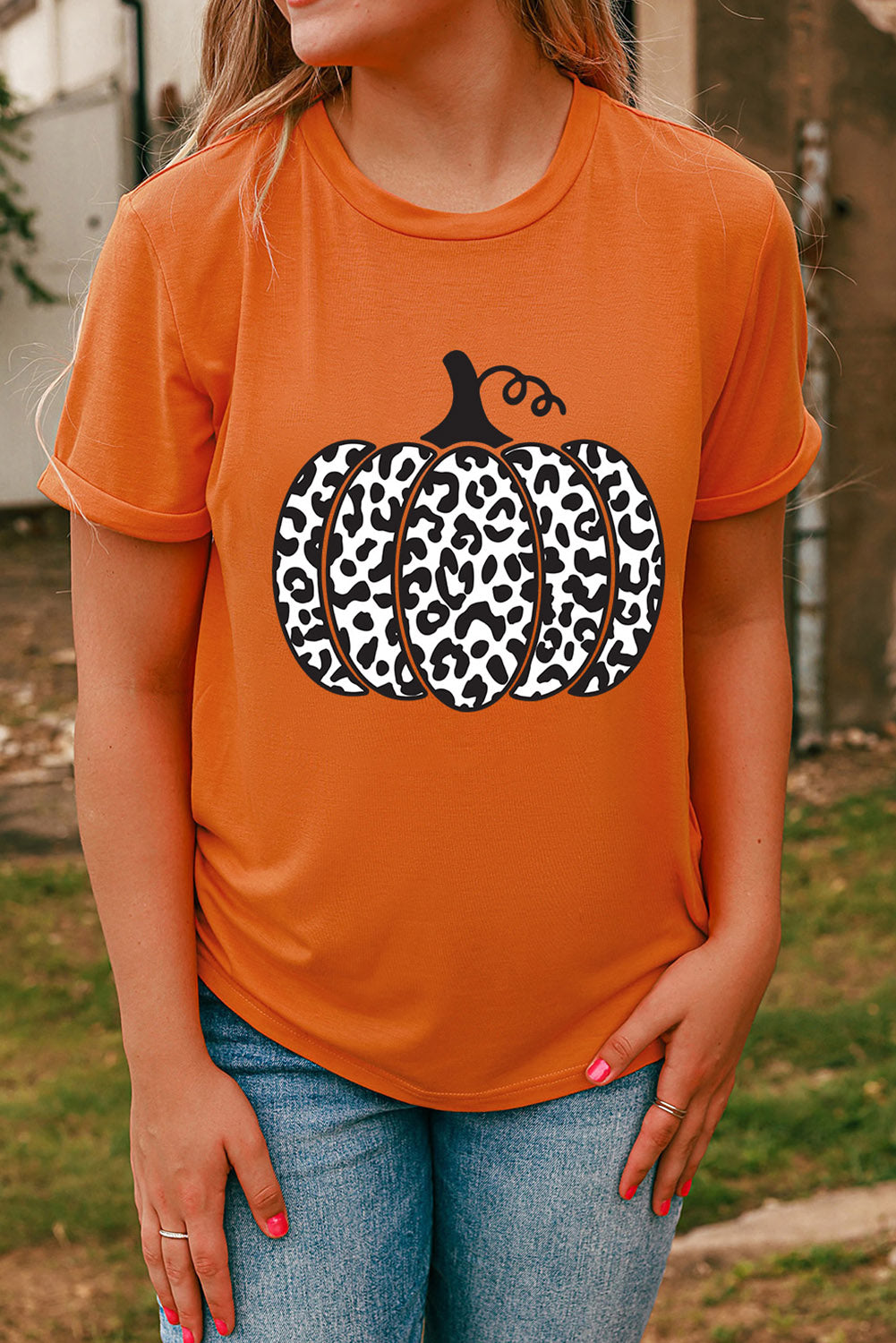 Camiseta de moda diaria con estampado de calabaza y leopardo