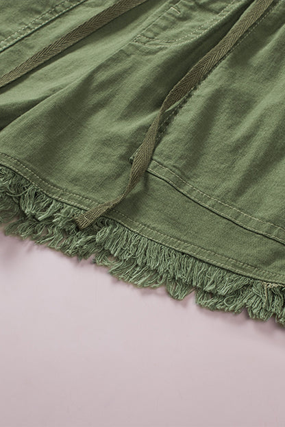 Green Casual Pocketed Frayed Denim Shorts