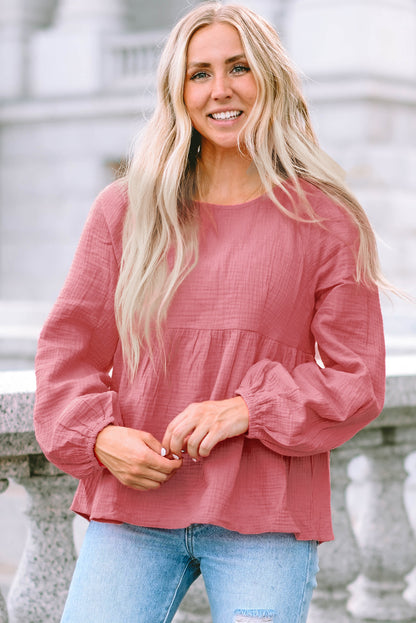 Pink Bubble Sleeve Textured Flowy Blouse