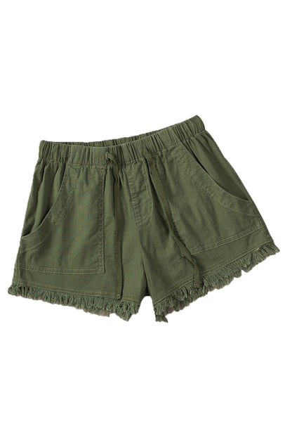 Green Casual Pocketed Frayed Denim Shorts