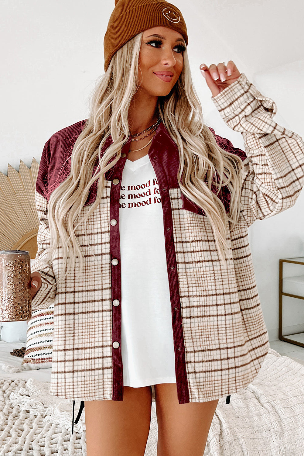 Red Plaid Patchwork Button-up Shift Shirt Jacket