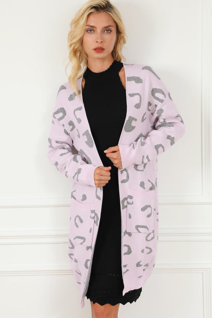 Pink Leopard Pocketed Open Front Long Cardigan