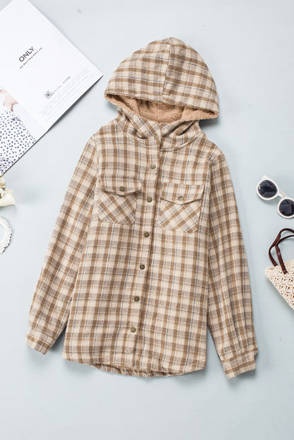 Gray Plaid Pattern Sherpa Lined Hooded Shacket