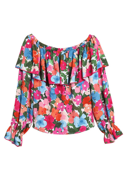 Blusa con hombros descubiertos y volantes con estampado floral