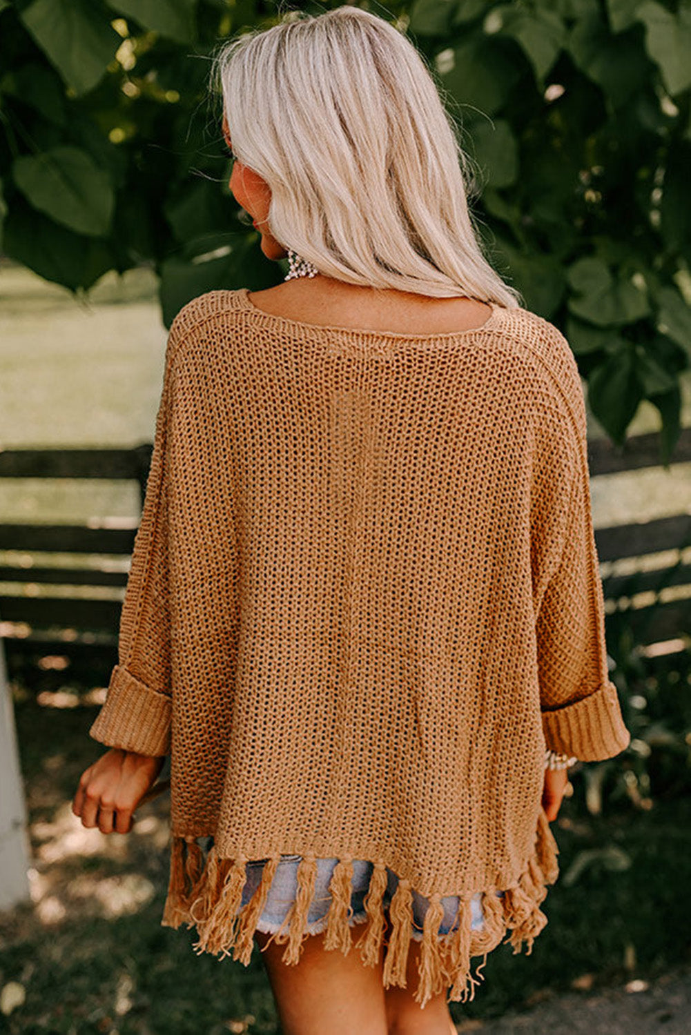 Camel Tasseled Hem Knit Baggy Sweater