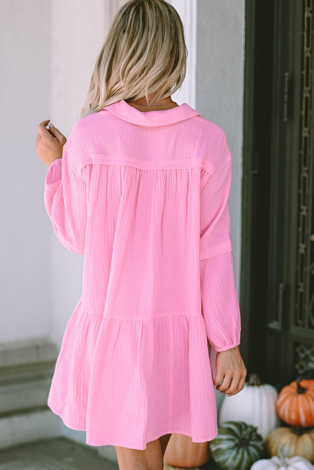 Pink Turn-down Neck Textured Bubble Sleeve Dress