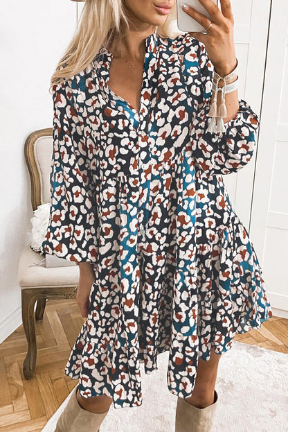 Vestido camisero con volantes y mangas abullonadas con estampado de leopardo azul 