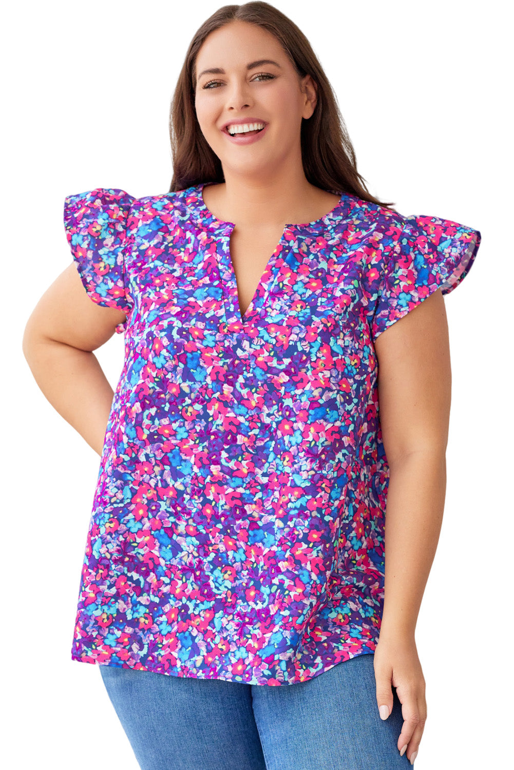 Blusa con volantes y estampado floral en color morado de talla grande