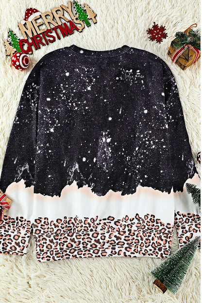 Sudadera con estampado navideño de leopardo y nieve en color negro 