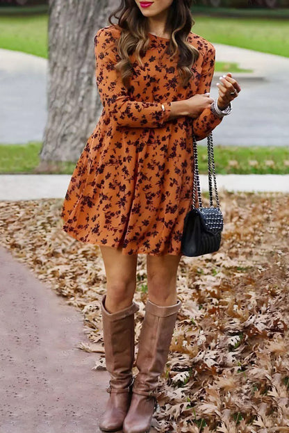 Orange Floral Print O-neck Long Sleeve Mini Dress