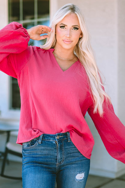 Rose Crinkle Split Neck Puff Sleeve Blouse