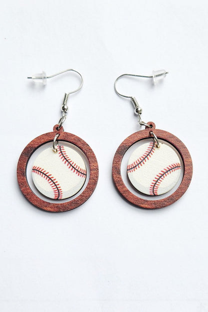 Pendientes colgantes redondos de madera con diseño de béisbol blanco 