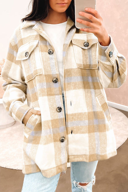 This stylish shacket is sure to be your fashion fave! Its iconic plaid print and button-up closure are bang on-trend, and the flap pockets add a fashion-forward flair. You can style it up with a sweatshirt and jeans to create a look that's killer! 100% Polyester Khaki or Black.