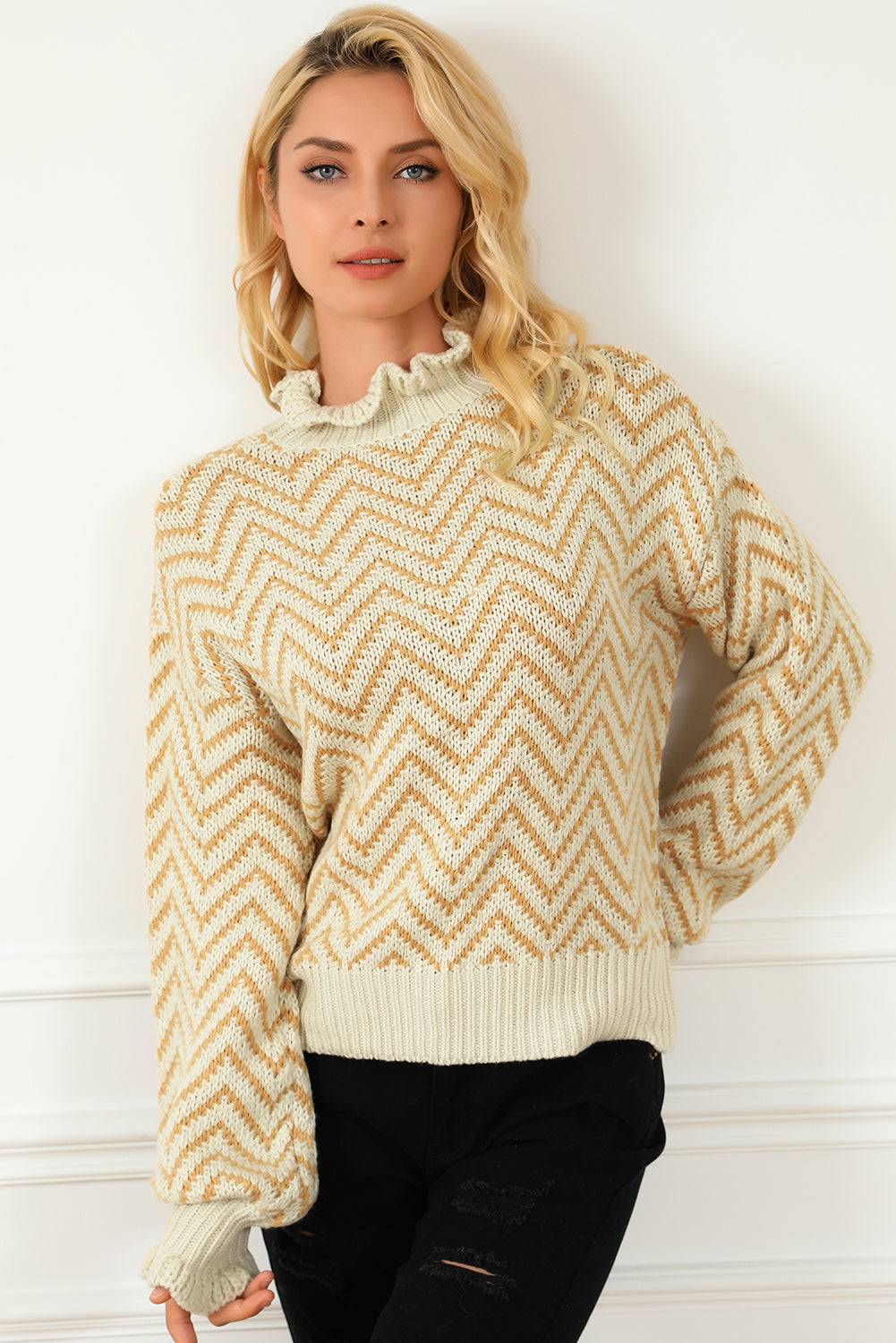 Khaki Chevron Striped High Neck Drop Shoulder Sweater