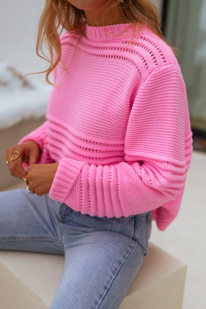 Pink Solid Color Cable Knit Eyelets Mock Neck Sweater