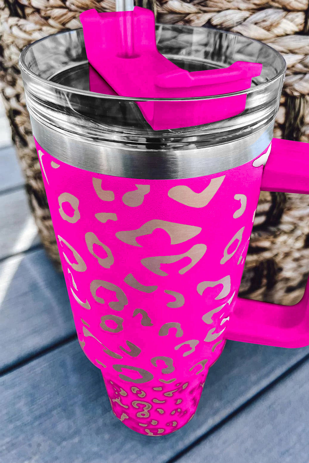 Taza de acero inoxidable 304 con doble aislamiento y manchas de leopardo rosa de 40 oz