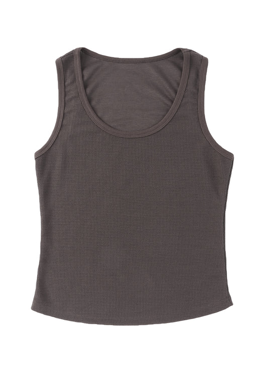 Camiseta sin mangas con cuello en U y tejido gofre liso en color gris oscuro