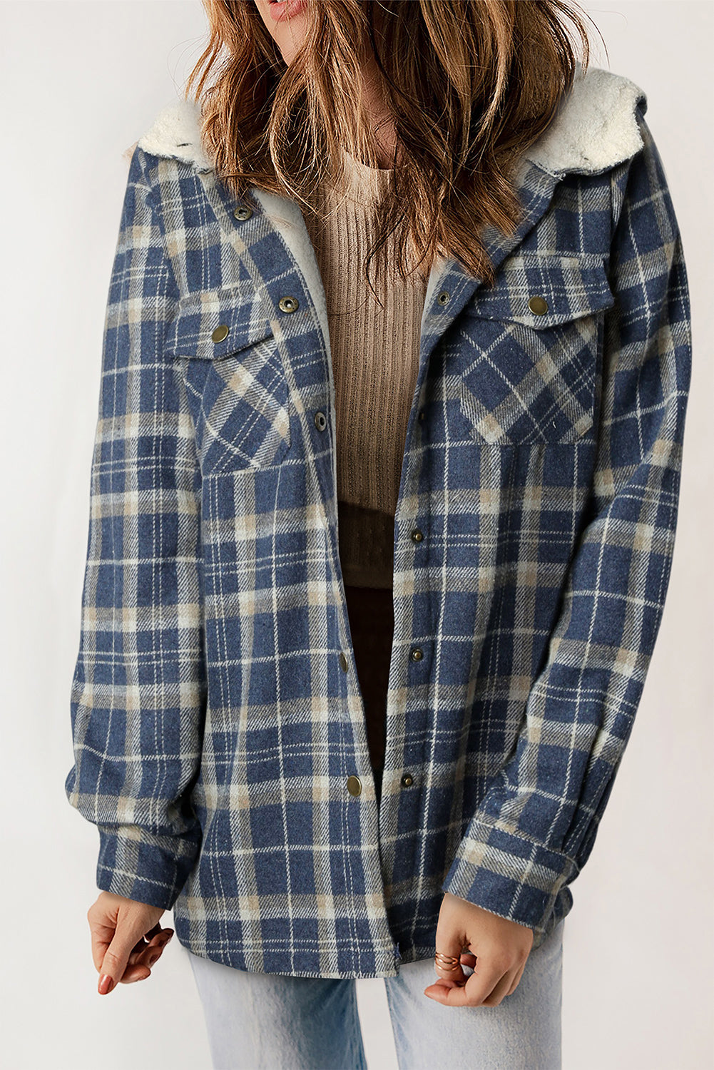 Gray Plaid Pattern Sherpa Lined Hooded Shacket