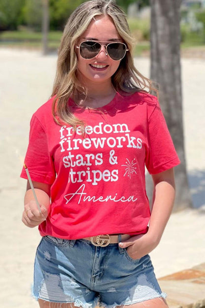 Red American Freedom Day Slogan Print T Shirt