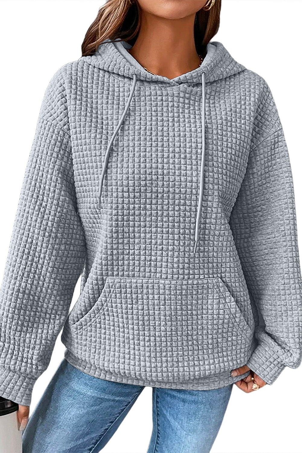 Sudadera con capucha acolchada de talla grande con bolsillos estilo canguro en color gris