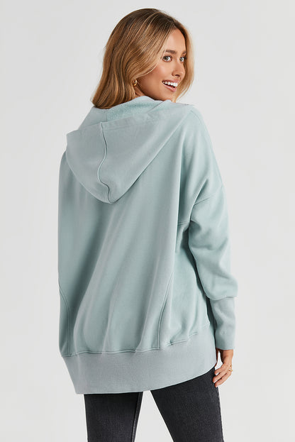 Turquoise Batwing Sleeve Pocketed Henley Hoodie