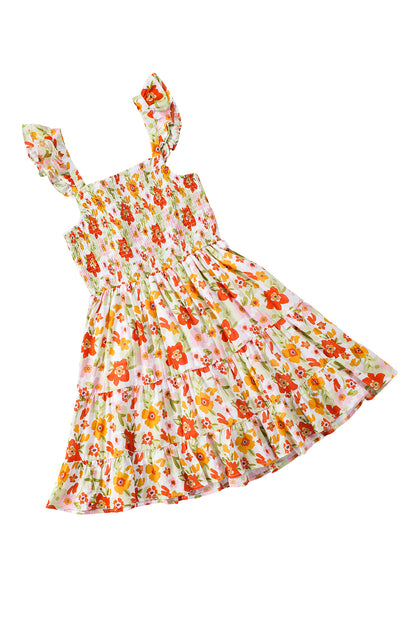 Vestido corto sin mangas con volantes y talle alto con estampado floral multicolor