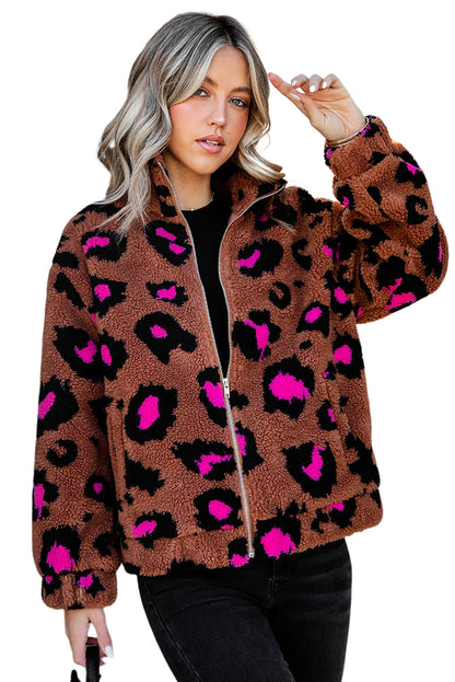 Chaqueta de peluche de sherpa con cuello alto y cremallera de leopardo