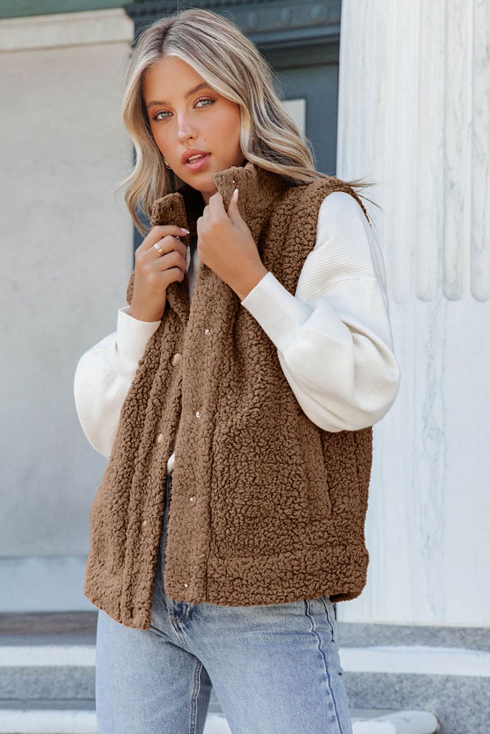 Brown Snap Button Pocketed Sherpa Vest Jacket