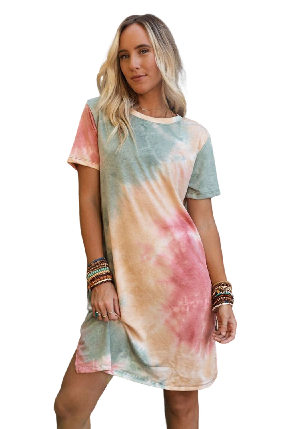 Vestido camisero holgado con abertura y efecto tie dye multicolor