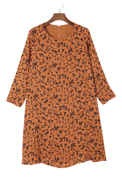 Orange Floral Print O-neck Long Sleeve Mini Dress