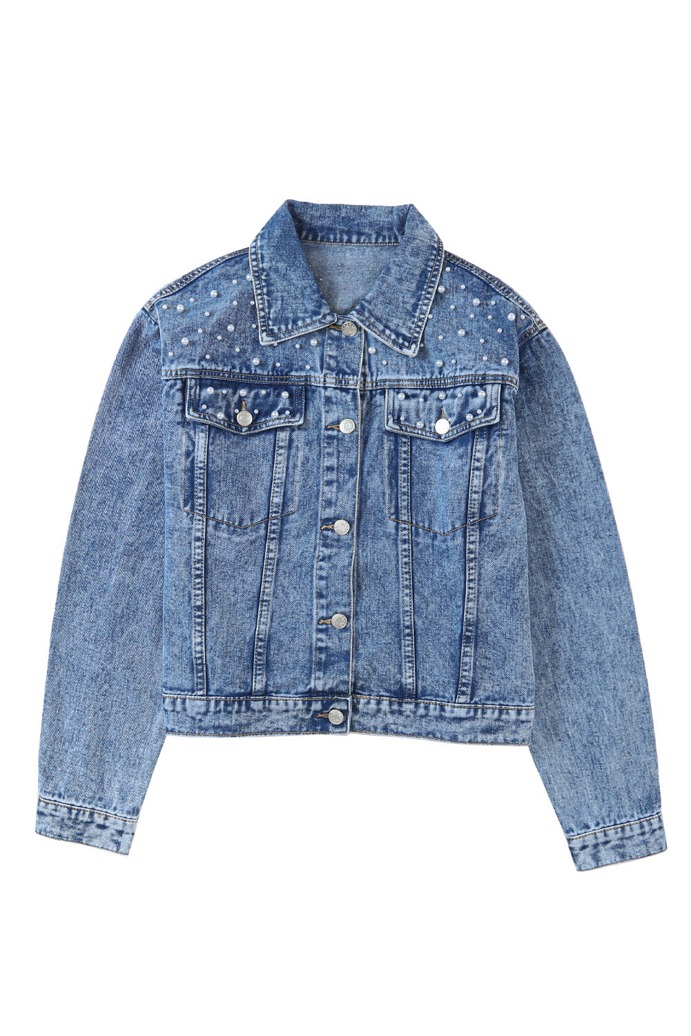 Sky Blue Pearl Turn Down Collar Denim Jacket