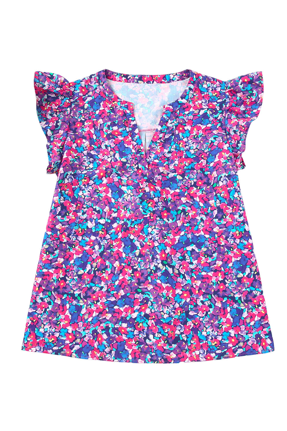 Blusa con volantes y estampado floral en color morado de talla grande