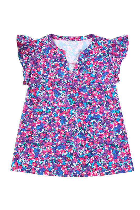 Blusa con volantes y estampado floral en color morado de talla grande