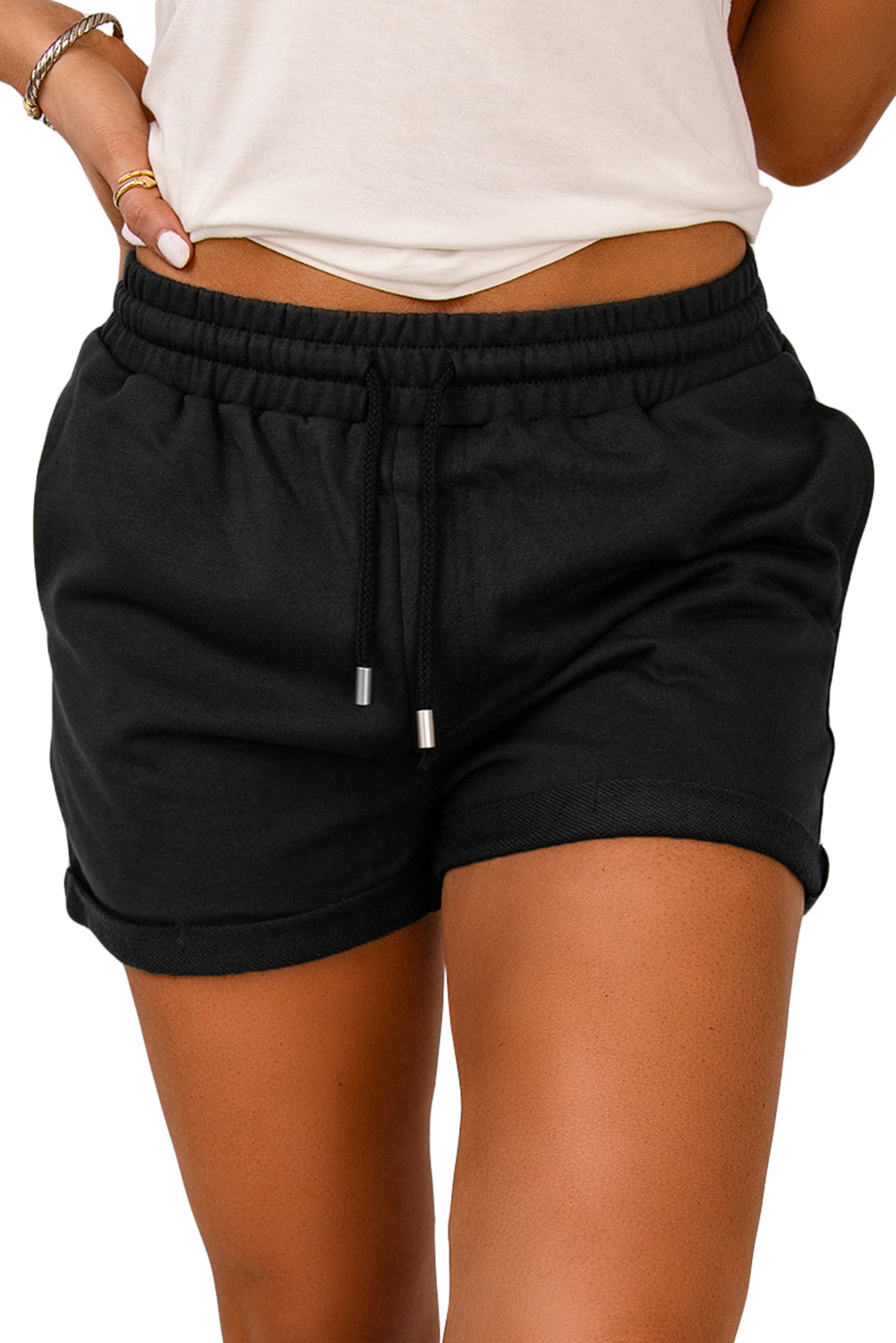 Score these Tie Waist Cuffed Lounge Shorts for major style points! They're timeless—they'll never go out of fashion. Plus, pockets on the sides make 'em great for carrying must-haves like keys and phone. We know you'll swoon over the lightweight feel and the oh-so-soft fabric—75% Polyester 25% Cotton in colors like Green, Gray, and Black.