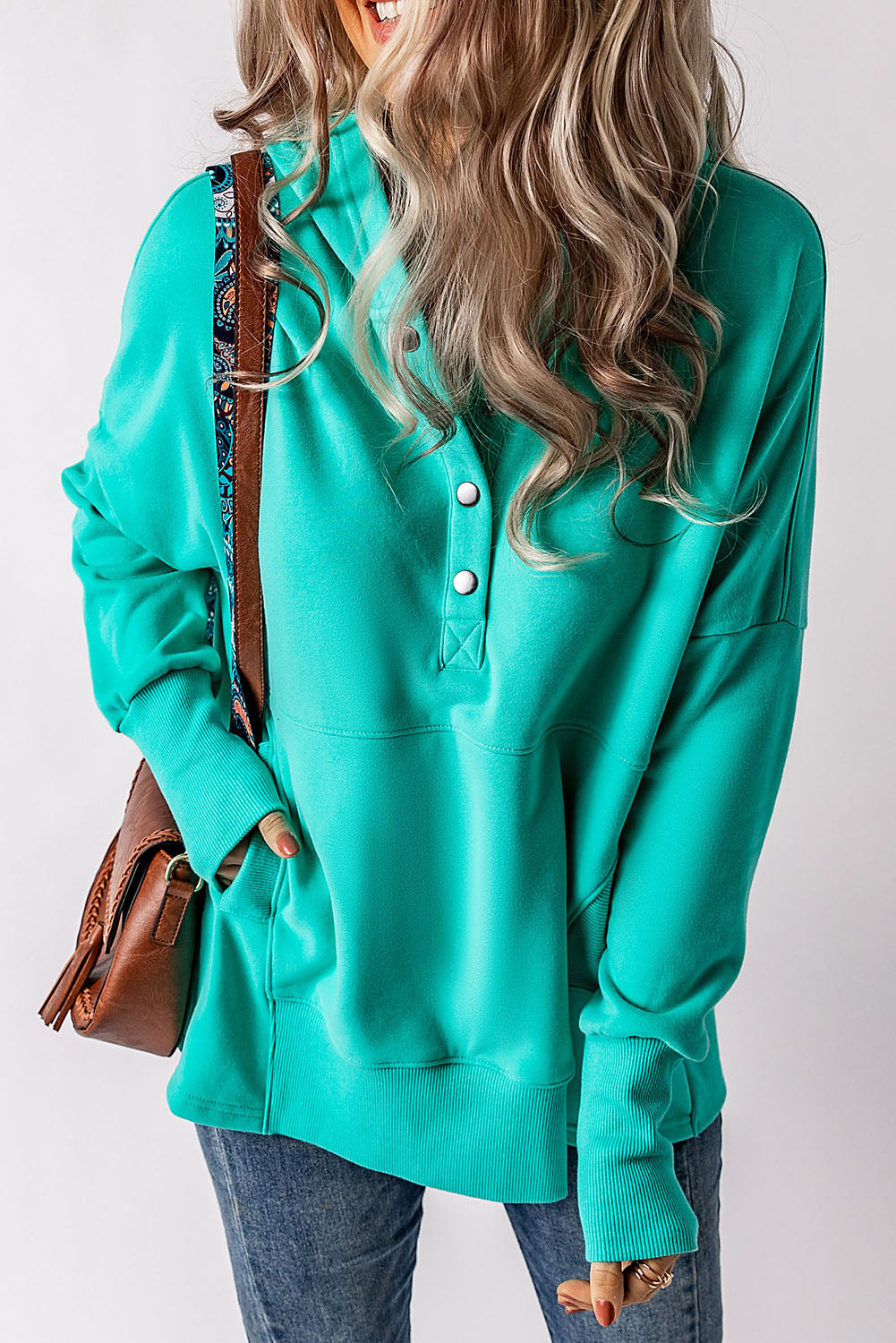 Turquoise Batwing Sleeve Pocketed Henley Hoodie