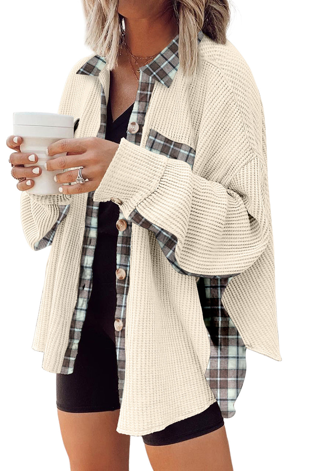 A shacket like no other! Hit the town lookin' fly in this Plaid Patchwork Thermal Knit Shacket, with its unique lattice detailing, flap pocket allusions, and comfy breathable fabric (95% Polyester, 5% Elastane) in classic Apricot, Black, and Beige hues. A sharp addition to any wardrobe!