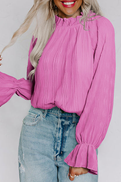 Pink Striking Pleated Flared Cuff Long Sleeve Blouse