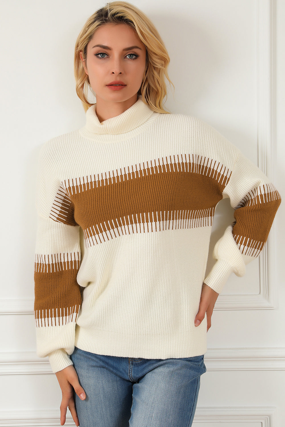 White Printed Patchwork Turtle Neck Knitted Sweater