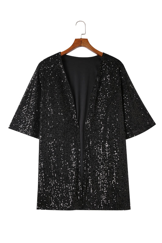 Black Luster Sequin Half Sleeves Draped Open Front Top