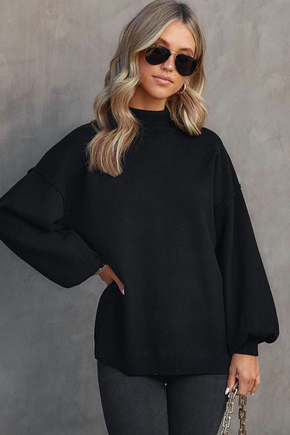 Brown Turtleneck Drop Shoulder Bubble Sleeve Knit Sweater