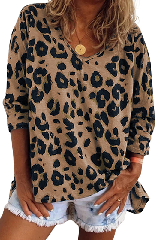 Brown Leopard Split Joint V Neck Long Sleeve Tops