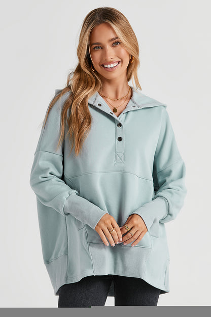 Turquoise Batwing Sleeve Pocketed Henley Hoodie