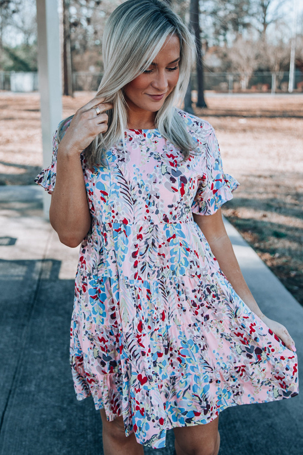 Pink Short Sleeves Floral Print Tiered Ruffled Dress