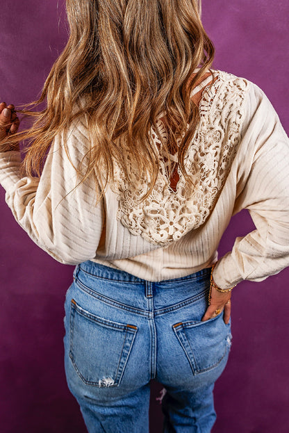 Top de crochet con espalda abierta, cordones y canalé en color avena 